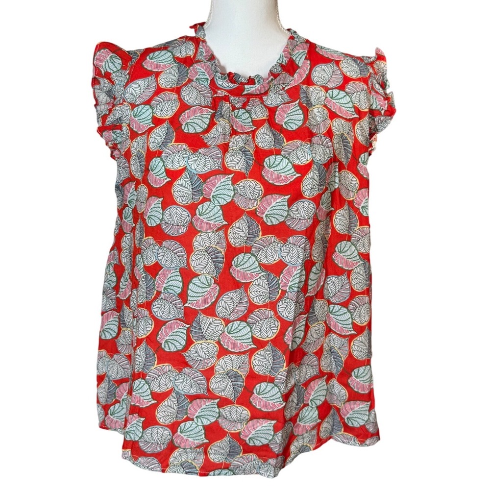 THML Leaf Print Ruffle Neck Flutter Sleeve Blouse L Red Botanical